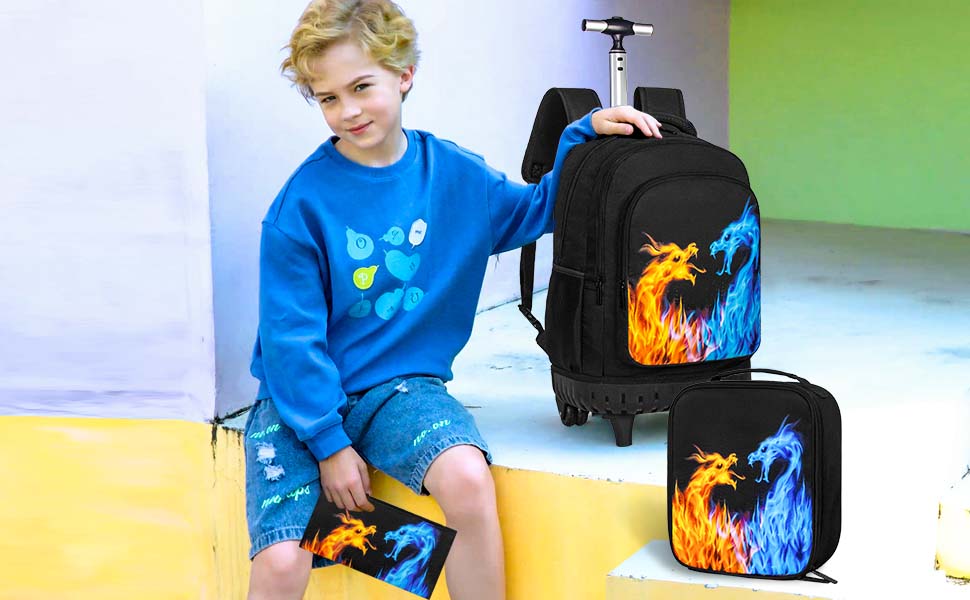 CCJPX Rolling Backpack for Boys, 21 Inch Dinosaur Bookbag