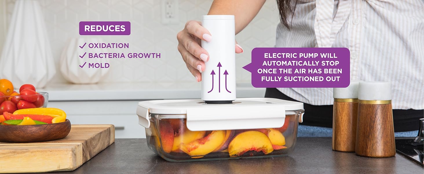 Reduce oxidation, bacteria growth, mold, keeps food fresh and suctions air out for maximum storage