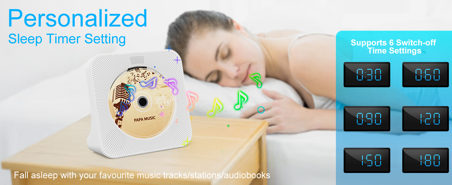 White circular alarm clock with colorful display. Features personalized sleep timer settings and multiple time presets shown on blue interface.