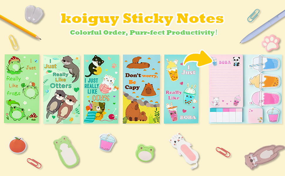 Sticky Notes Set, 440 Sheets, Cute Cartoon Frogs Self-Stick Notes Pads, Animal Divider Tabs Bundle