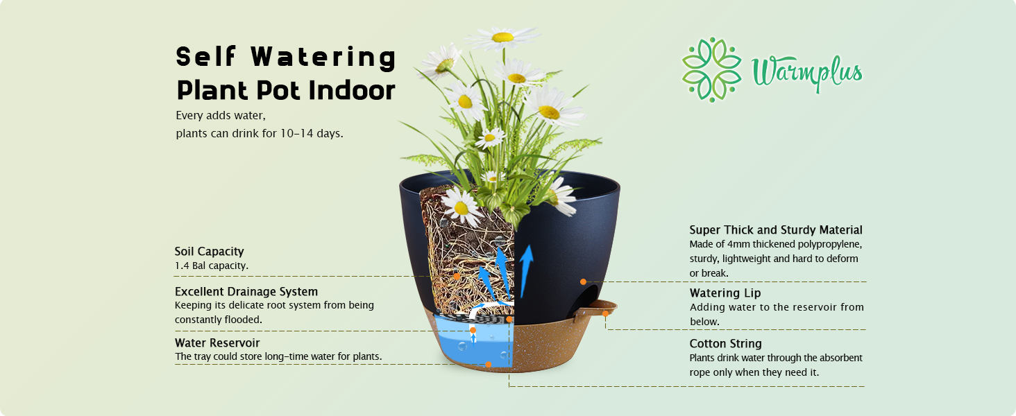 Warmplus Plastic Planters for Indoor Plants, 10 Inch Plant