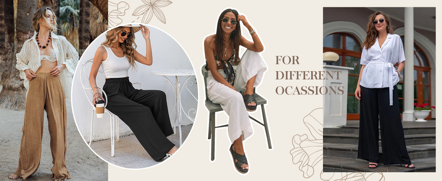 CMTOP Wide Leg Trousers for Women Summer Baggy Trousers Elastic High Waist Casual Loose Pants Ladies Lounge Pant with Pockets 14 CMTOP