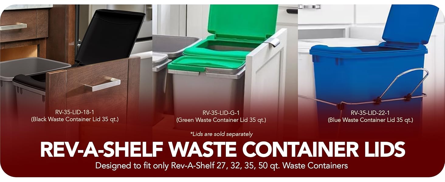 Waste container lids available in black, green, and blue for 35 qt bins.