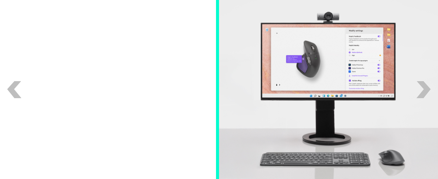 a desktop setup with a laptop, a desktop, mx keys s keyboard and master 4 ergonomic wireless mouse