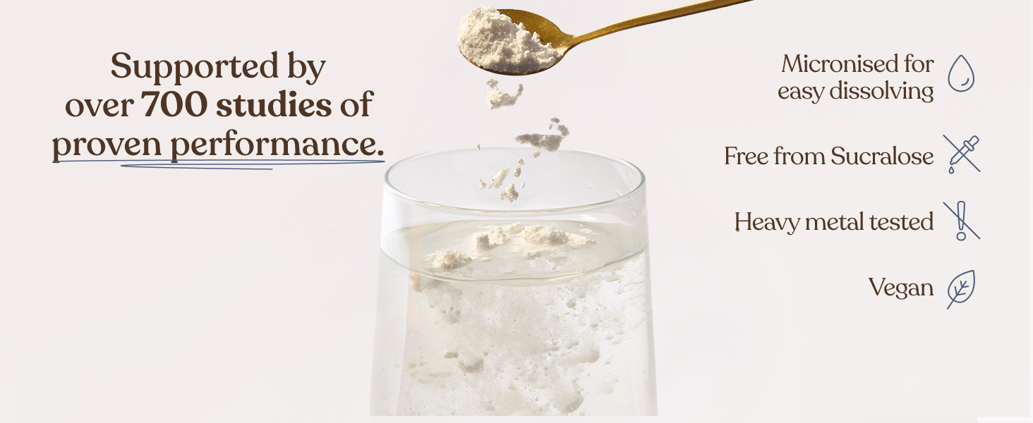 Text reads 'Supported by over 200 studies of proven performance'. White minimalist product packaging or promotional material with golden spoon.