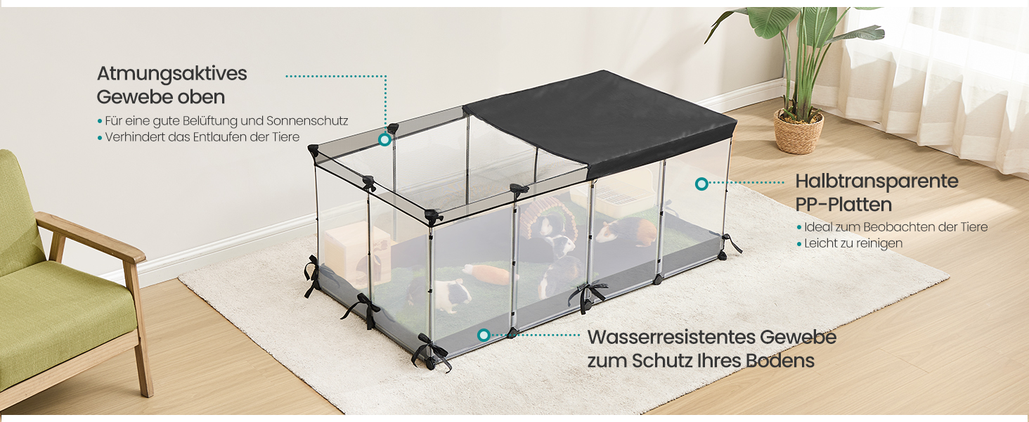 Diagramm eines rechteckigen Haustiergeheges mit Glasscheiben, Metallrahmen und einer dunklen oberen Abdeckung. Zu den Merkmalen gehören eine wasserfeste Unterseite und luftdurchlässige Netzdachpaneele