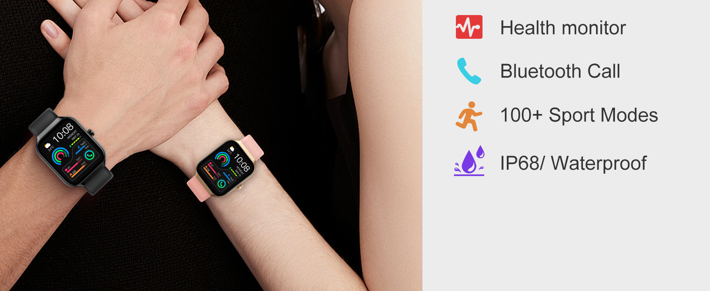 Text reads 'Health monitor', 'Bluetooth Call', 'IP67 Waterproof' shown as feature icons for a product advertisement.