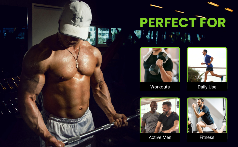 Text reads 'PERFECT FOR'. Fitness-themed promotional collage showing workout equipment and exercise activities.