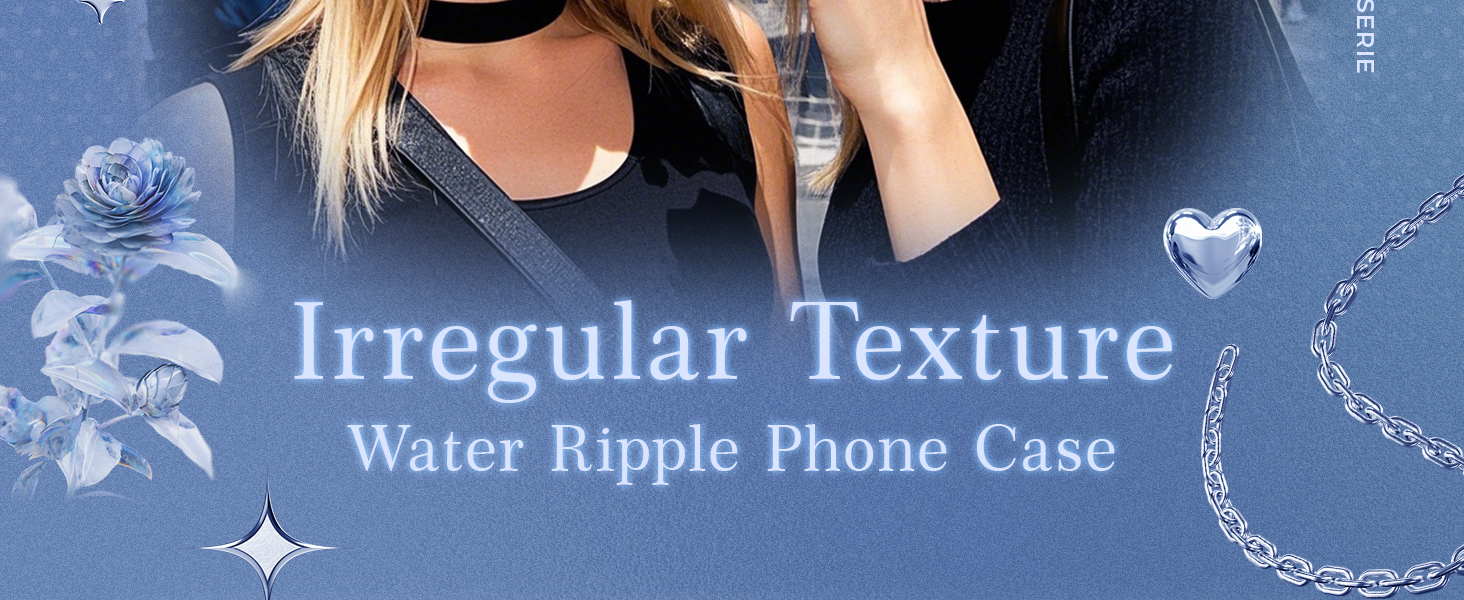 Text reads 'Irregular Texture Water Ripple Phone Case'. Product image shows a textured phone case with a wavy, rippled surface design in dark tones.