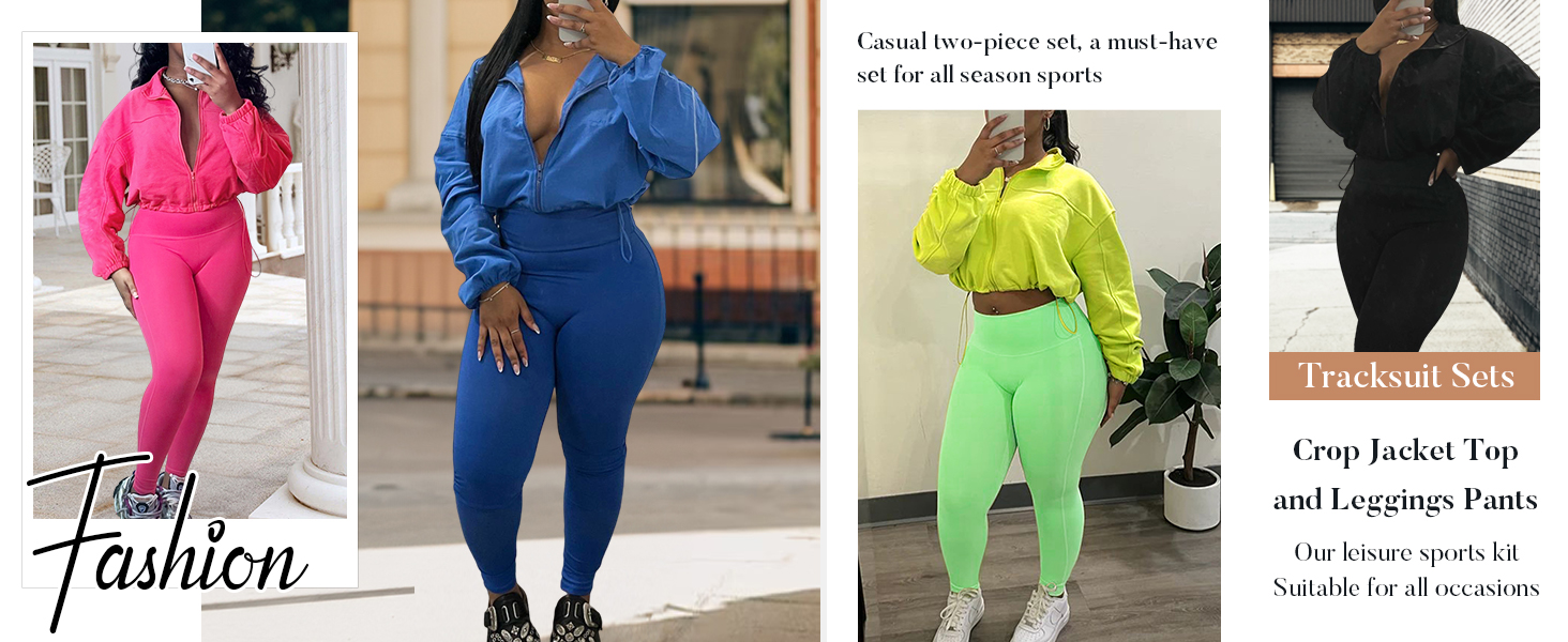 2 Piece Outfit Tracksuit Zip Up Long Sleeve Drawstring Crop Jacket Top Bodycon Leggings Pants Sets