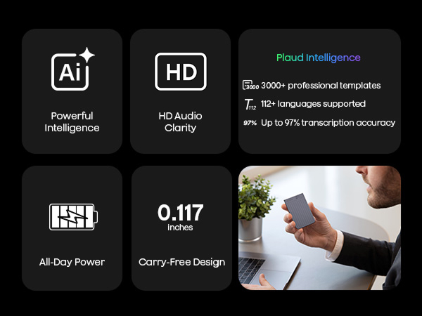 Text reads 'Image 6', 'AI', 'HD', 'Proud Intelligence'. Black marketing banner showing product features with icons and text about HD audio clarity.