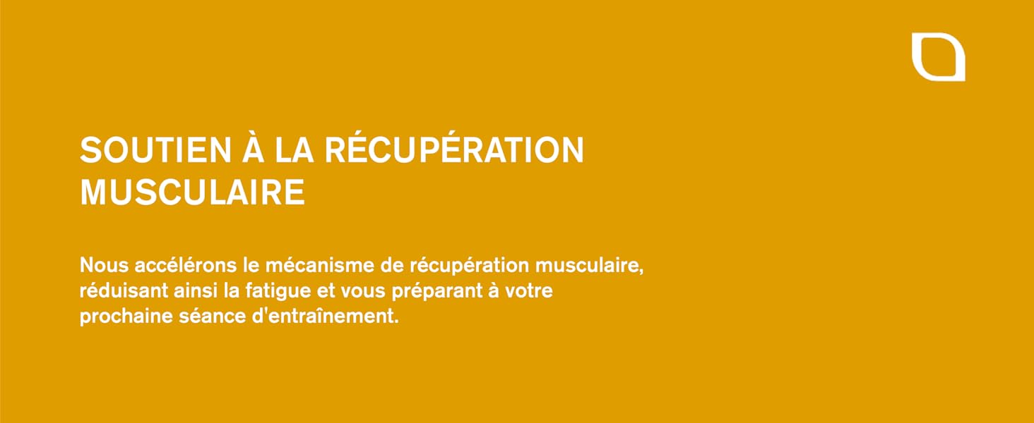 en français pour le soutien à la récupération musculaire, avec du texte blanc et une icône en forme de feuille dans le coin supérieur.