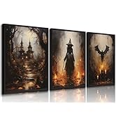 3Pcs Halloween Wall Art Horror Pumpkin and Witch Party Canvas Paintings Vintage Gothic Wall Decor...