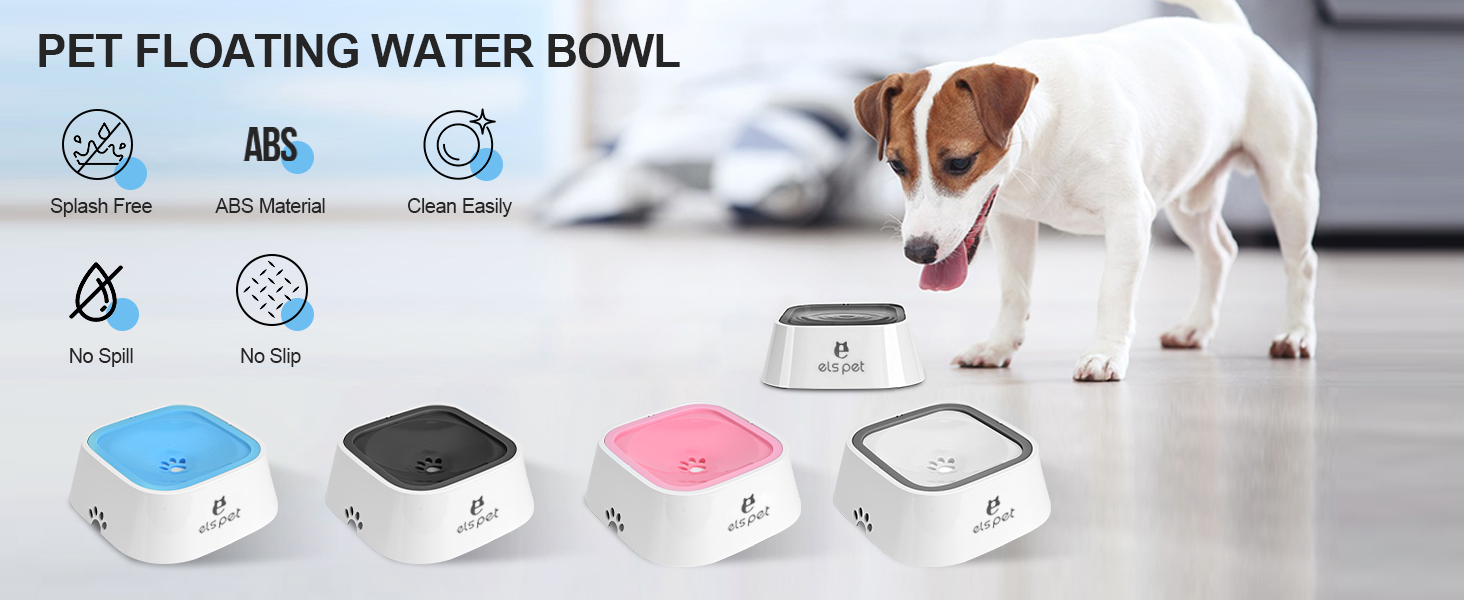 Pet floating water bowl in four colors. Features include splash-free, ABS material, clean easily, no-spill, and non-slip. Dog shown drinking from white bowl.