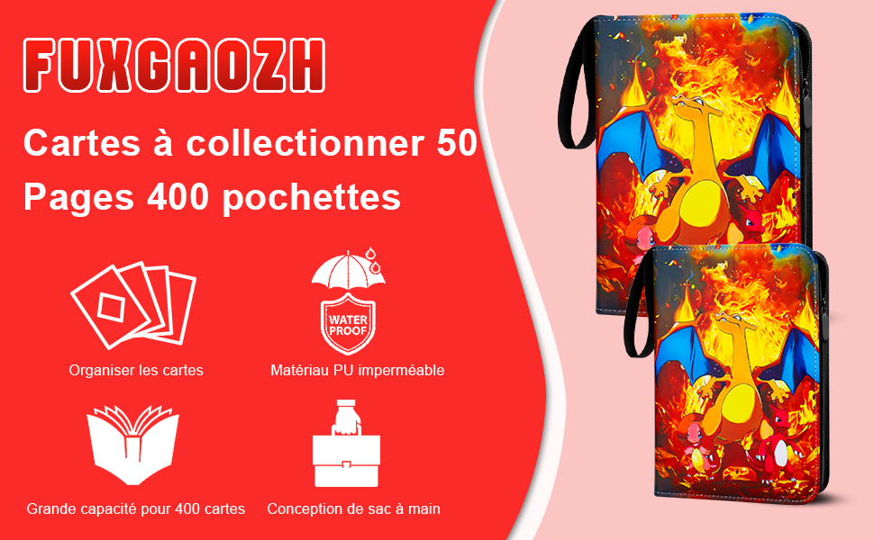 . 50 pages, 400 pochettes. Les caractéristiques incluent l'organisation des cartes, un matériau imperméable, une grande capacité et la conception d'un sac à main