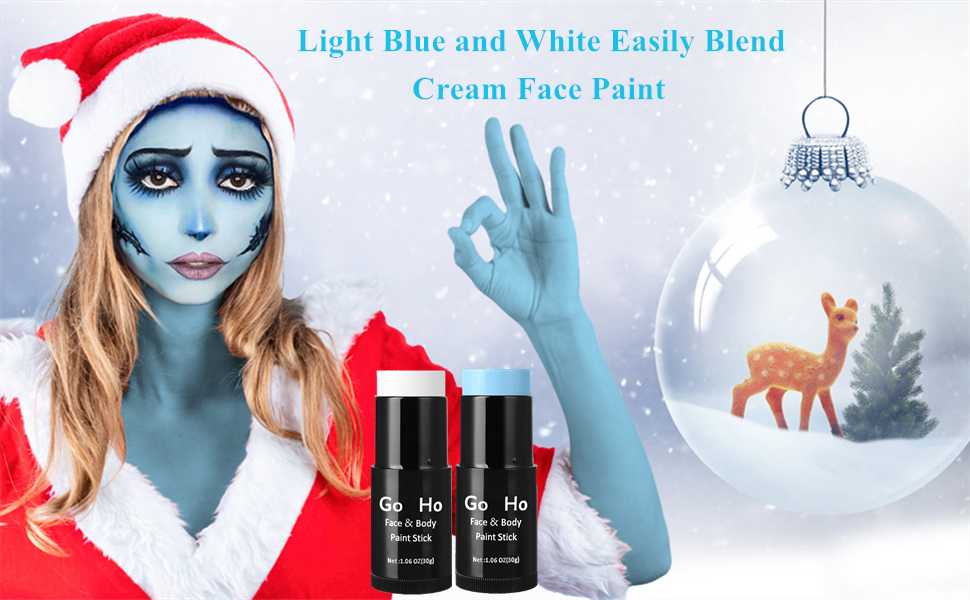 white and light blue face paint