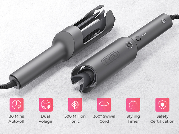 Gray cylindrical hair styling tool with two attachments. Features include 30-minute auto-off, dual voltage, 500 million ionic, 360° swivel cord, styling timer, and safety certification.
