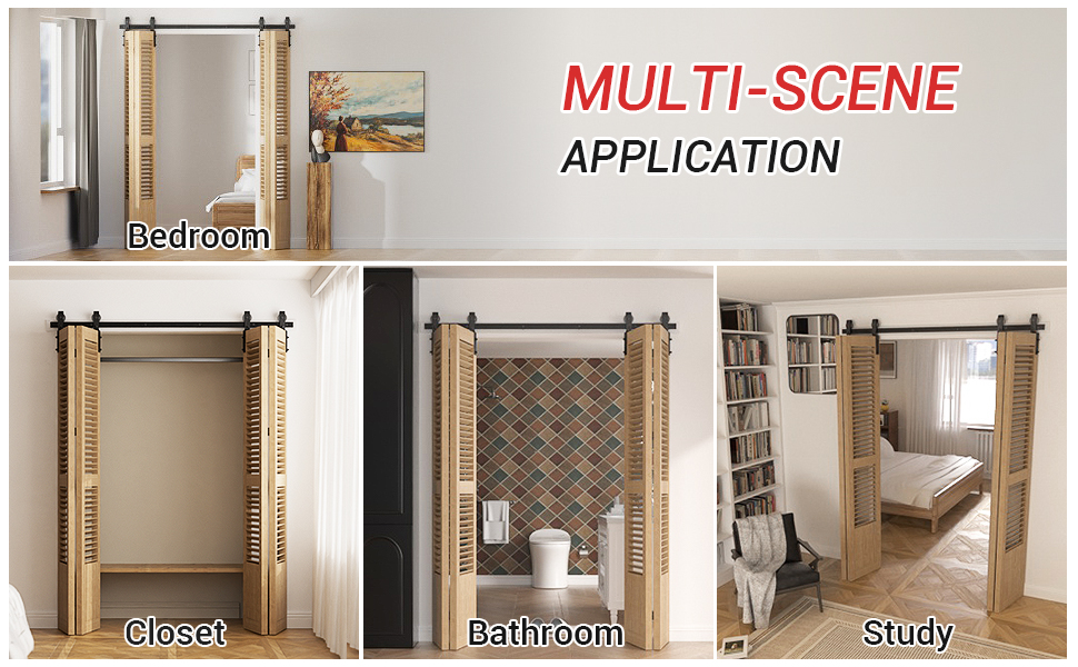Schiebetürsystem, das in mehreren Räumen eingesetzt werden kann: Schlafzimmer, Schrank, Badezimmer und Arbeitszimmer. Holztüren auf schwarzen Metallschienen bieten vielseitige Einrichtungslösungen.