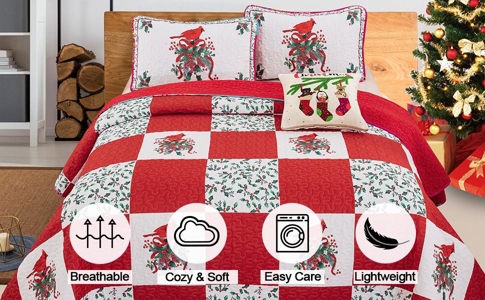Christmas Quilt Set King(90"x103") Red Berries and Cardinals Pattern