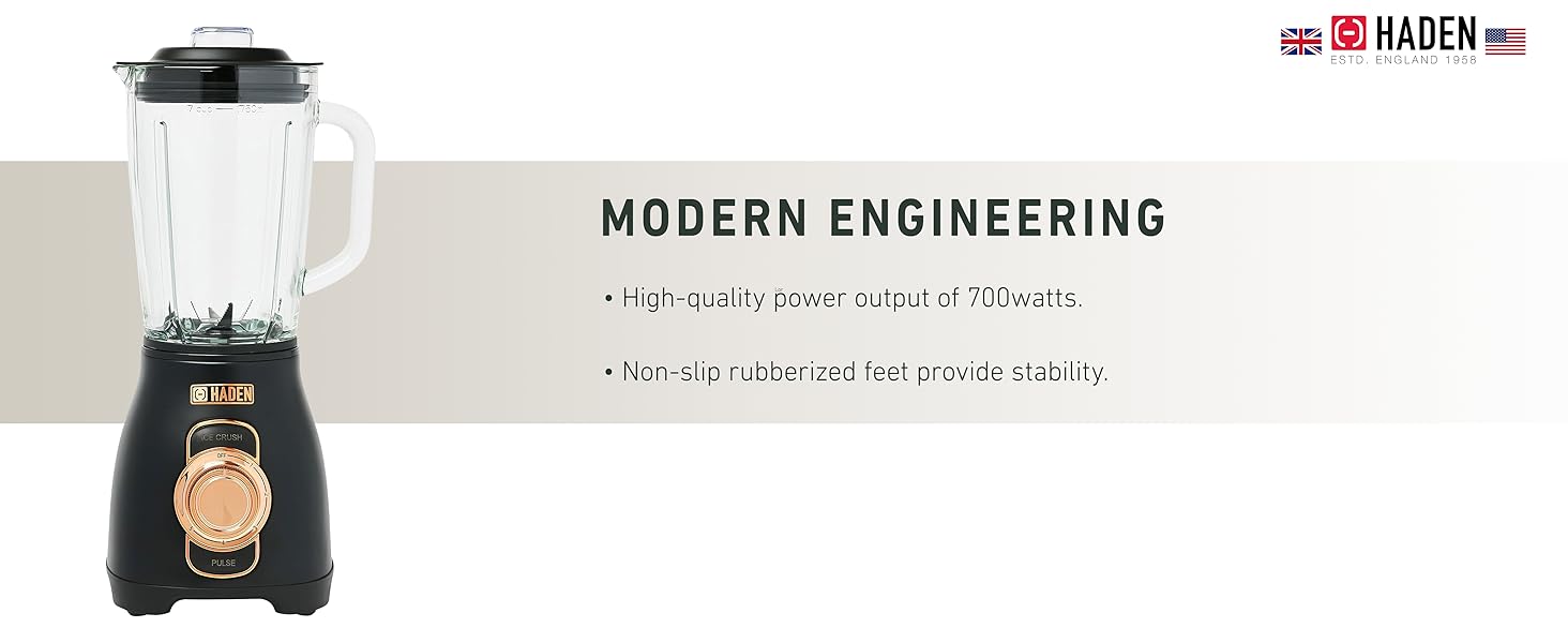 A high power blender in the color Black and Copper. Text reads: Modern Engineering.