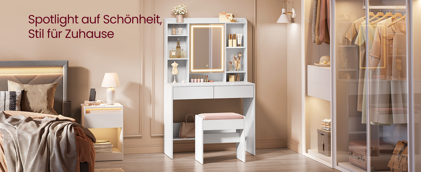 Hálószobaberendezés fésülködőasztallal, gardróbbal és ággyal; fehér bútorokkal és meghitt világítással