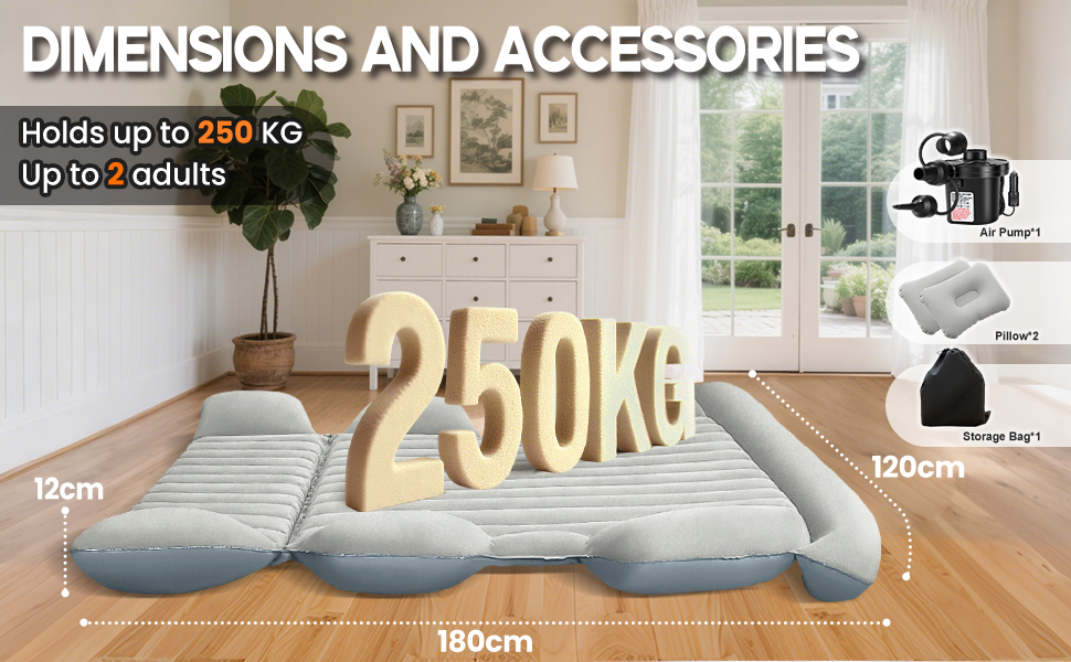 Le texte indique « DIMENSIONS ET ACCESSOIRES ». Schéma du produit montrant un canapé ou une chaise longue inclinable avec les mesures suivantes : « 180 cm » de longueur et « 250 kg » de capacité de poids indiquée.