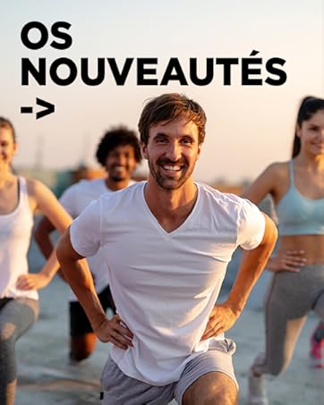 Le texte indique « OS NOUVEAUTÉS ». Série de scènes de cours d'exercices ou de danse avec des personnes en tenue d'entraînement décontractée se déplaçant en synchronisation sur un fond clair.