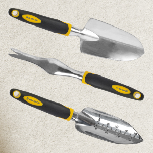 a selection of three different types of garden tools