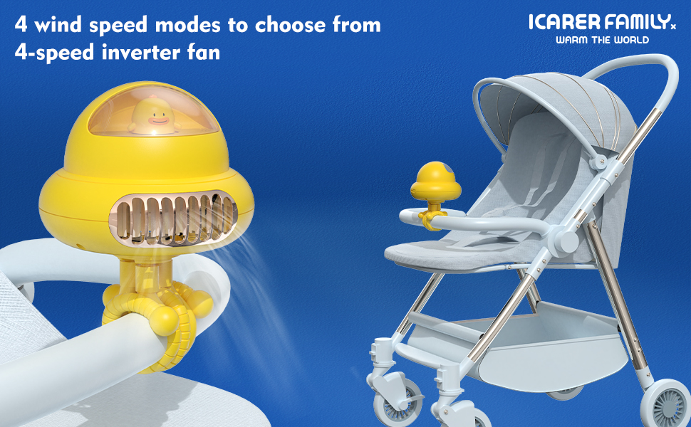 ICARER FAMILY Cute Stroller Fan,Portable Clip on Stroller Fan With Flexible Tripod