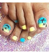 French Tip Press on Toenails Short Square Fake Toe Nails with Designs Palm Tree Glue on Nails Sum...