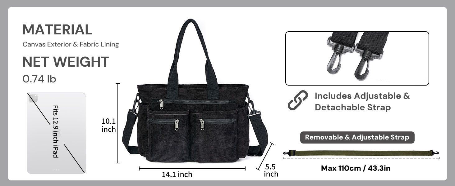 Black tote bag with canvas exterior, fits 12.9in iPad, detachable strap, and full size dimensions