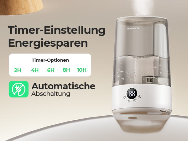 Humidifier with transparent tank and digital display. Features timer settings from 2H to 10H and automatic shutoff for energy saving.
