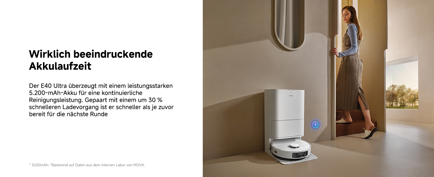 Der Text lautet „Wirklich beeindruckt“. Weißer Roboterstaubsauger, der in einer häuslichen Umgebung mit Hartholzboden und neutralen Wänden gezeigt wird.