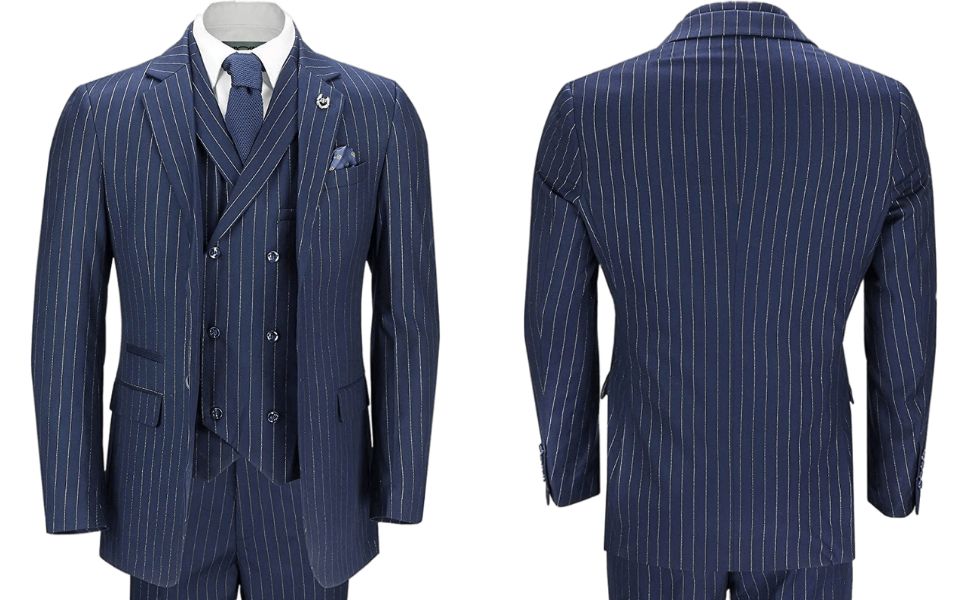 Mens 3 Piece Navy Blue Pin Stripe Suit Gold Lines Smart Retro Tailored Fit Wedding Party