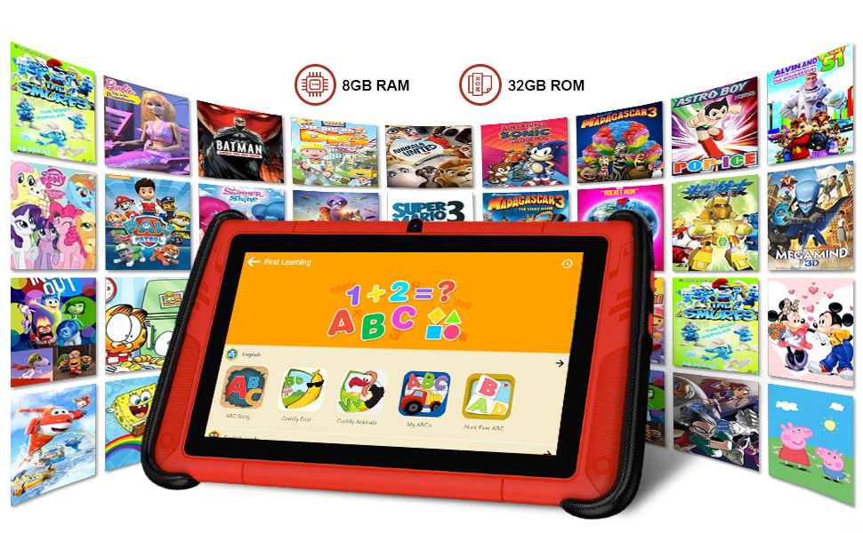 Digital game interface showing colorful app icons and gaming thumbnails in a curved display format with red accent elements.