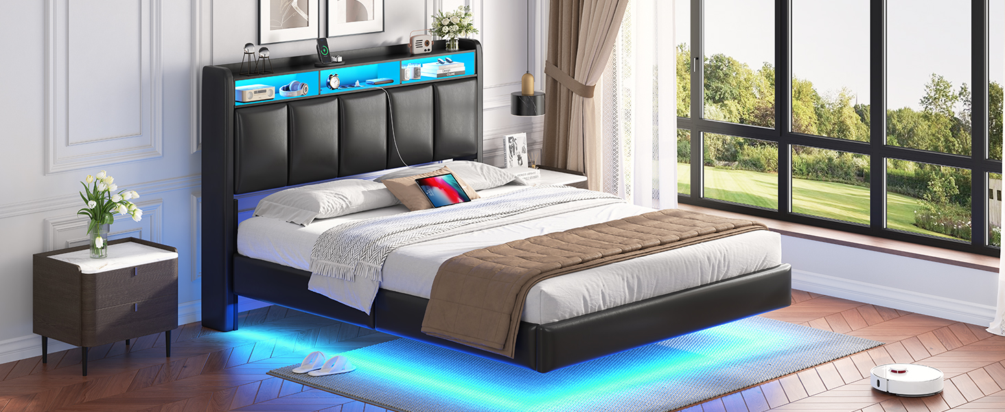 Modernes Plattformbett mit blauer LED-Beleuchtung auf der Unterseite, dunklem Polsterrahmen und integriertem Kopfteil mit Staufächern