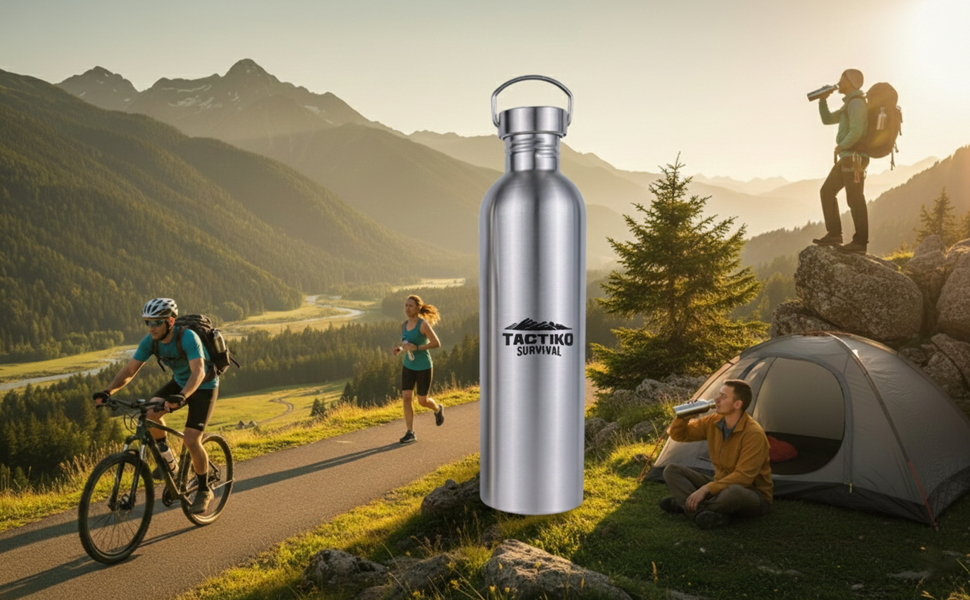 A metal 32 oz insulated water bottle displayed with hikers and campers in the mountains.