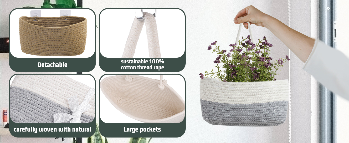 3-Tier Over the Door Basket Hanging Storage Organiser Cotton Rope Woven Storage Solution with Hook