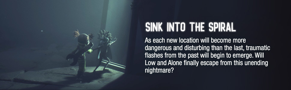 Text reads 'SINK WITH THE SPIRAL'. Dark atmospheric promotional or advertisement image with white text overlay.