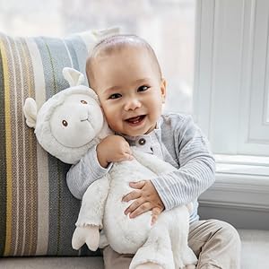 infant boy with llama stuffed animal plush hug baby toothpick gund