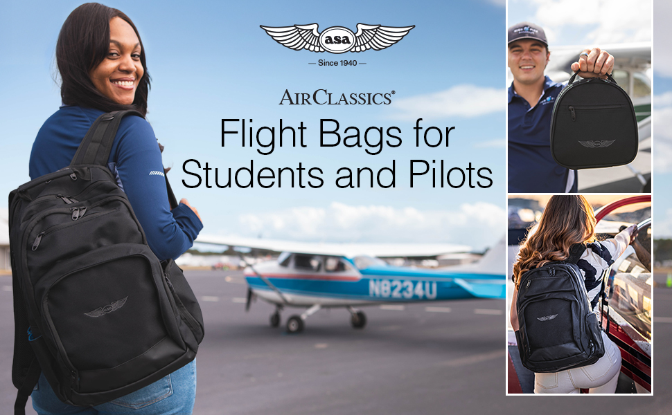 image of pilots with backpacks near plane, person holding headset bag.