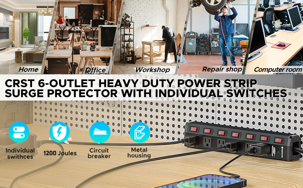 CRST 6 Outlet Metal Power Strip with Individual Switches