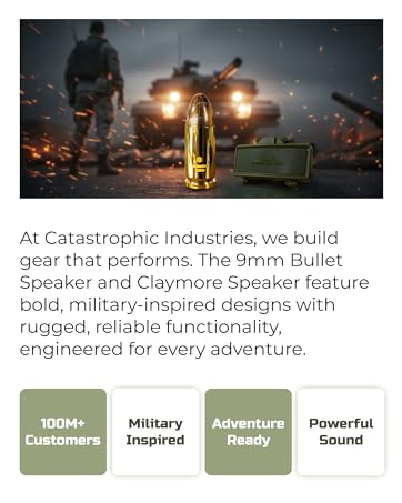 military-inspired bluetooth speaker brand with rugged design in tactical battlefield background