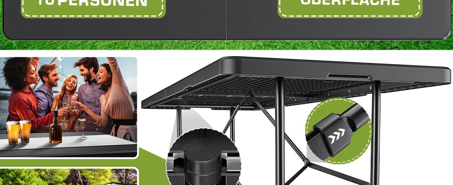 Schwarze Tischtennisplatte oder Tischtennisplatte, auf der Details der Netzkonstruktion und der Oberfläche zu sehen sind. Das Foto zeigt Personen, die sich um den Tisch versammelt haben.