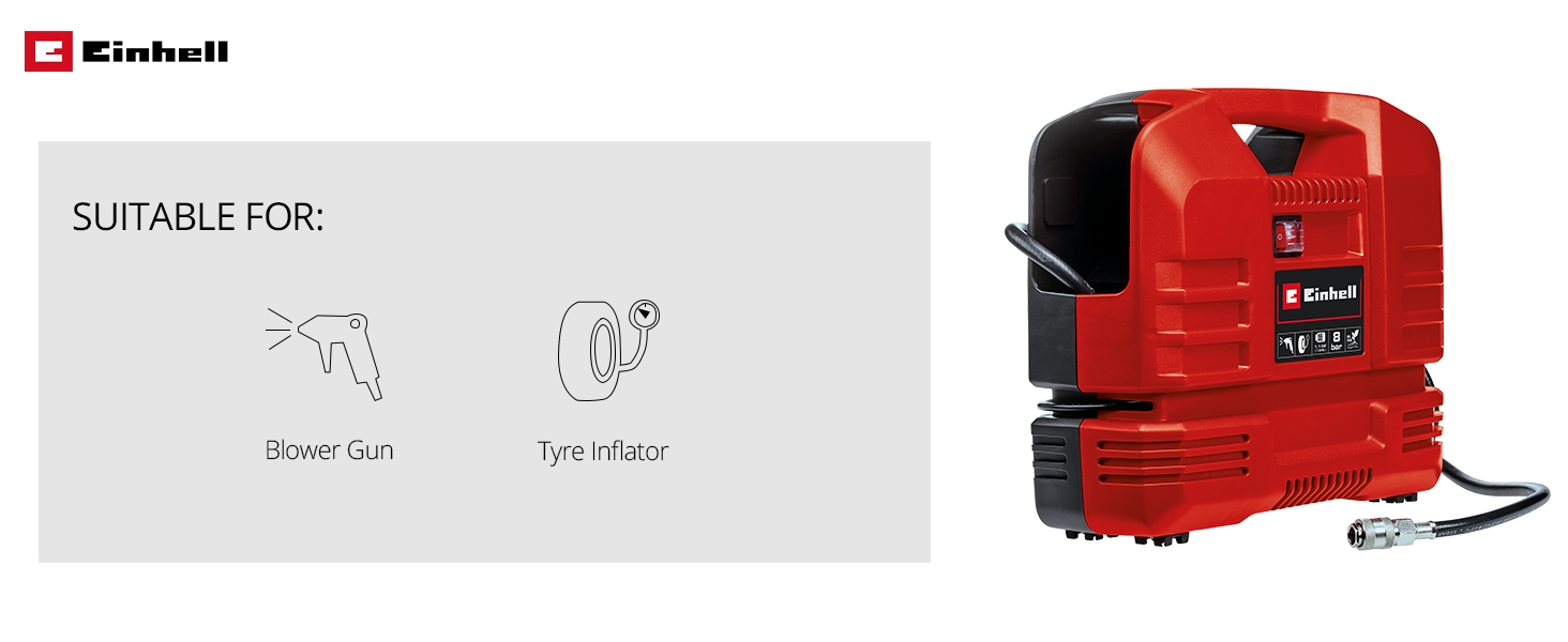 Einhell Portable Oil-Free Air Compressor with Gun - 8 Bar, 116 PSI, 240V, 1100W Service-Free Motor, 3m Hose - TC-AC 190 of Small Compressor for Workshops with 3 Year Warranty 22 einhell