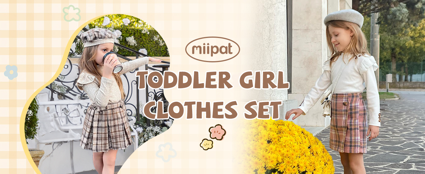Kleiderset für Mädchen mit weißem Kleid, kariertem Rock und Hut. Zwei Bilder zeigen den unterschiedlichen Stil des Outfits