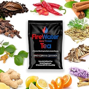 FireWater Sore Throat Tea Pouch Surrounded by Organic Ingredients