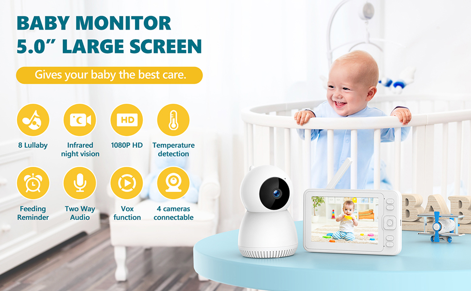 Baby Monitor, 5''Display 1080P Video Baby Monitor with Camera Remote