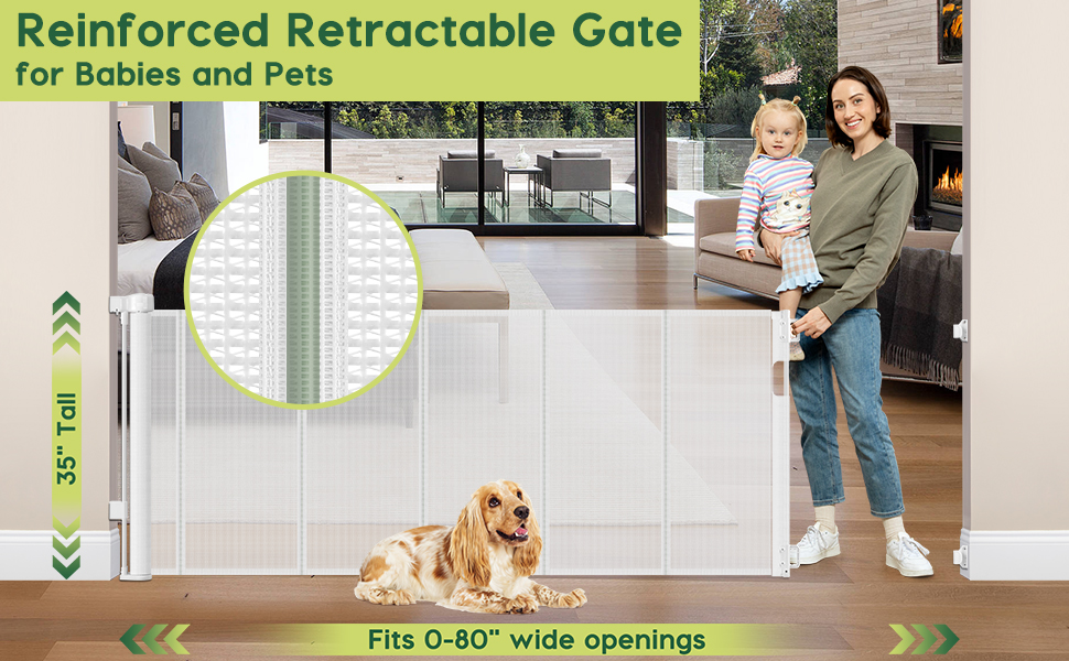 Reinforced 80 Inch Extra Wide Retractable Baby Gate with