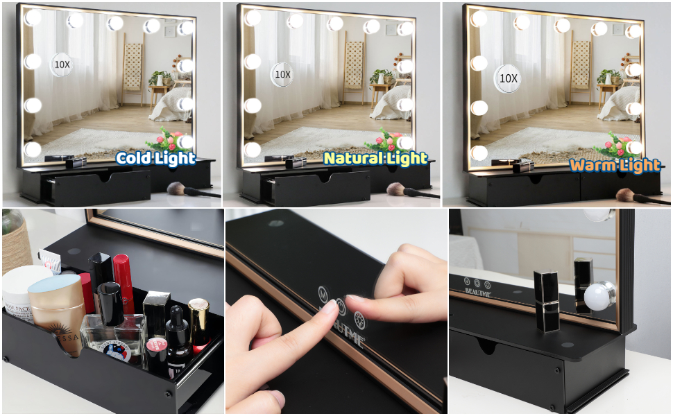 Large vanity mirror with lights and boxes